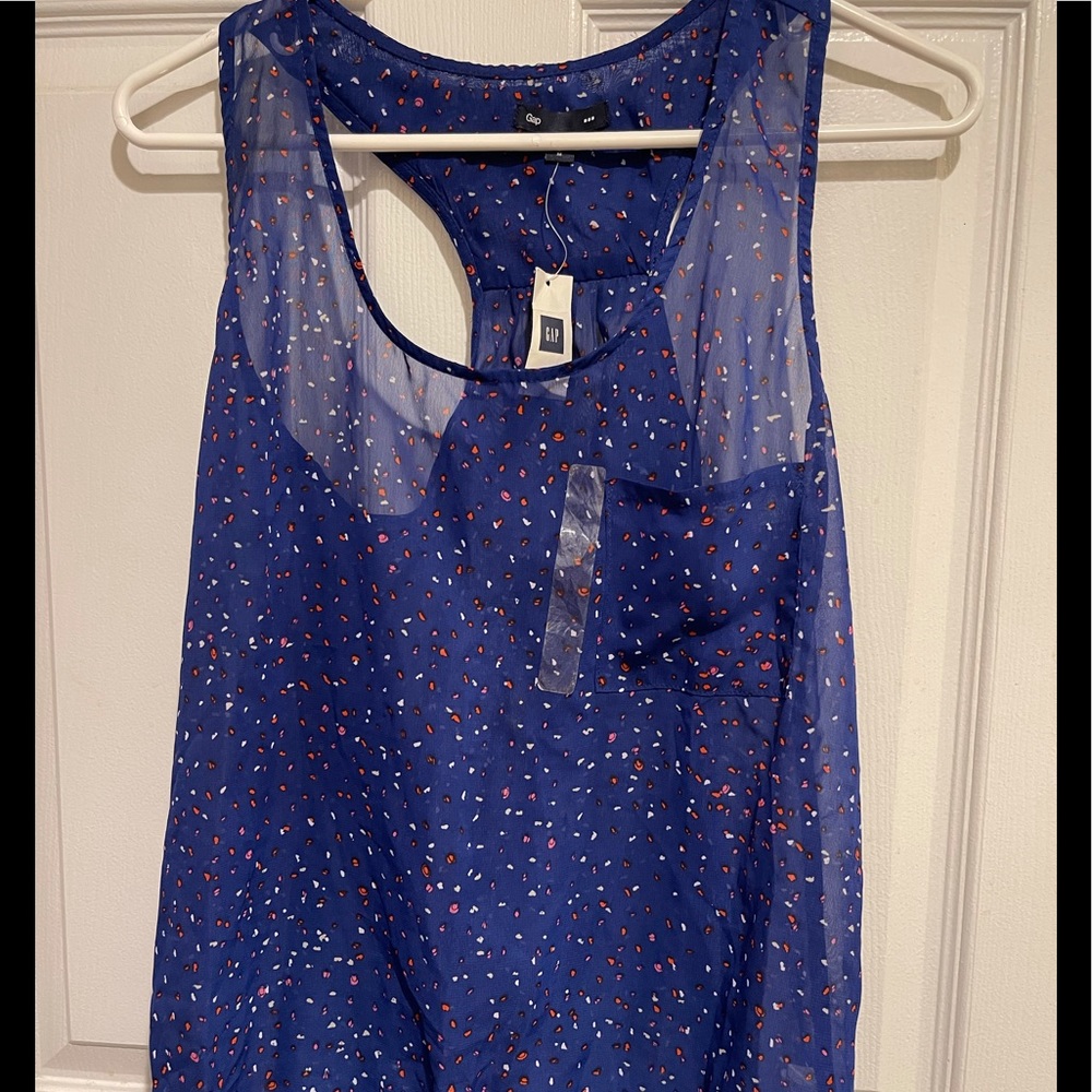 Royal Blue Gap sheer shirt with pops of red and white